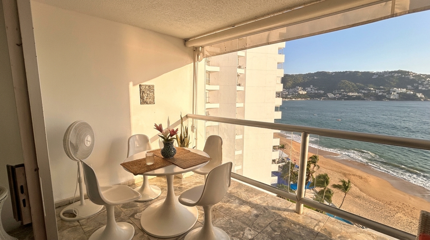 The living room balcony, for meals by the sea